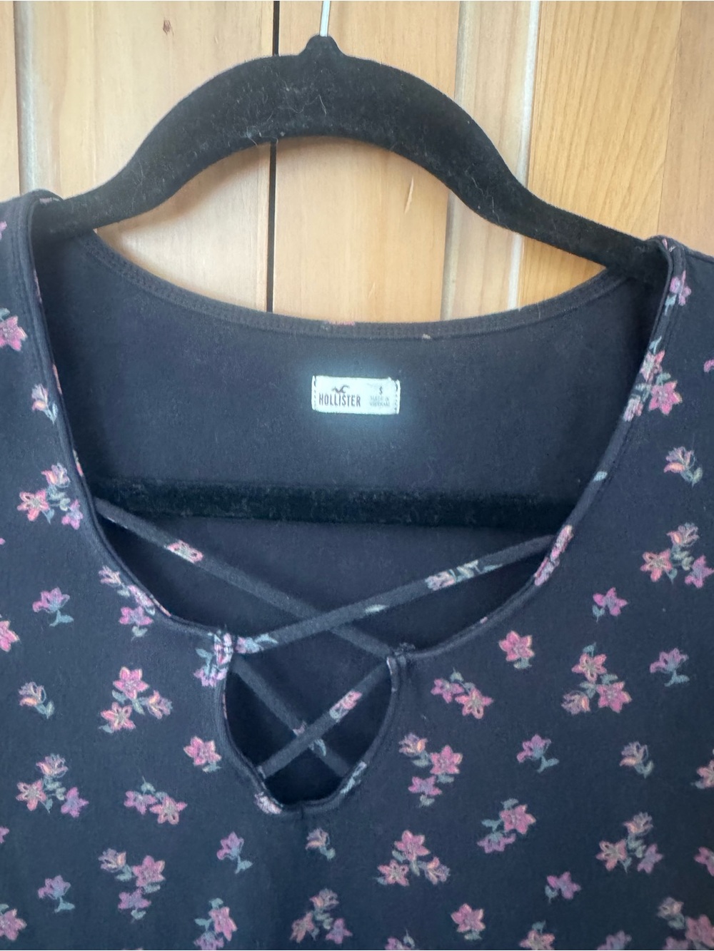 Hollister Black Long Sleeve Top with Pink Floral Print and Crisscross Neck